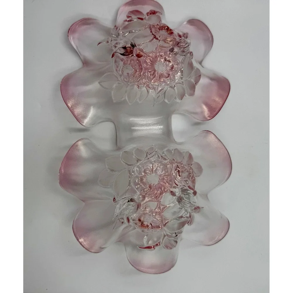 Mikasa Rosella Double Heart Relish Dish Pink Frosted Floral Glass Candy Bowl